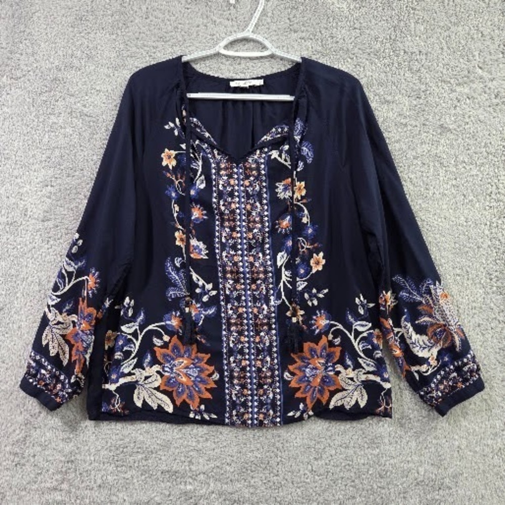 Chicos Blouse Women's (8) Medium Navy Blue Floral Tassel Boho Peasant Top